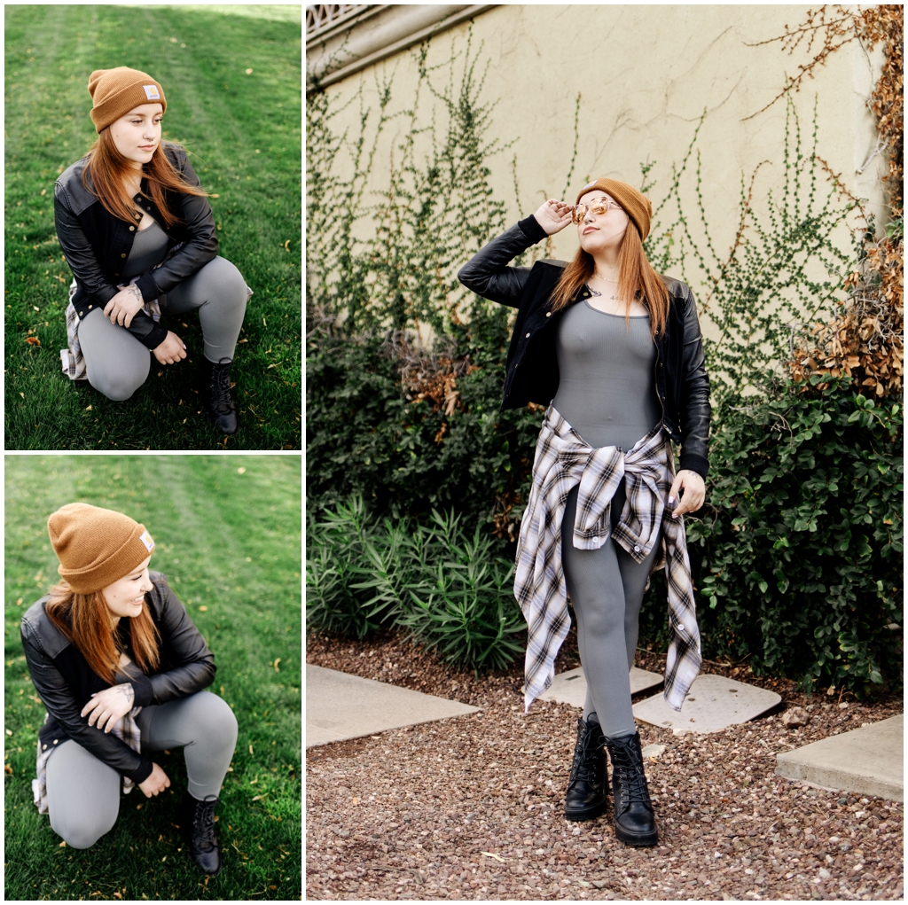 A collage of three images featuring a woman in a beanie, black jacket, and combat boots, posing casually in urban Arizona neighborhood.