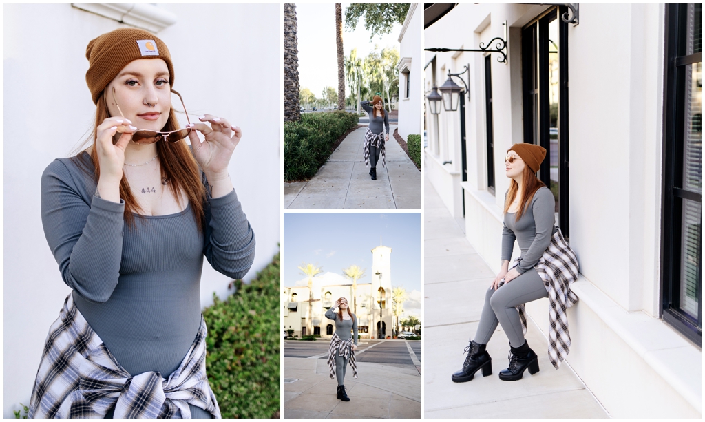 A collage of four photos showing a woman in a beanie posing in various urban outdoor settings.