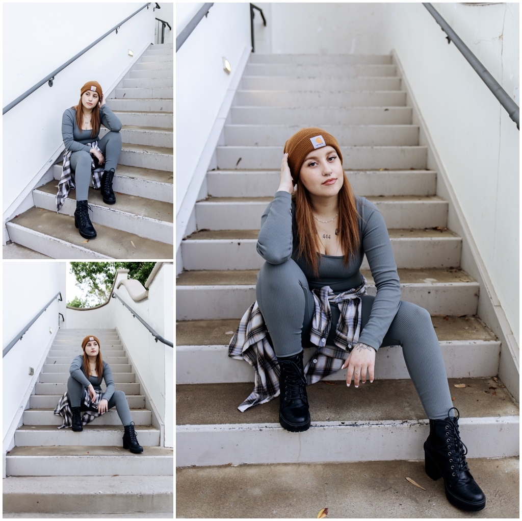 Collage of photos of a young woman with red hair sitting on stairs in Arizona neighborhood.