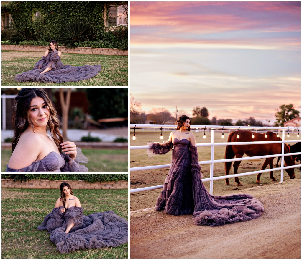 Girl in gray dress posing with a horse at Queen Creek event venue.