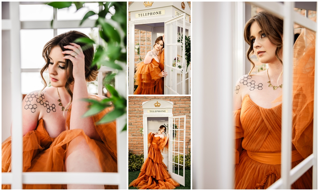 Styled Photoshoot of girl in orange dress at Queen Creek Event Venue 