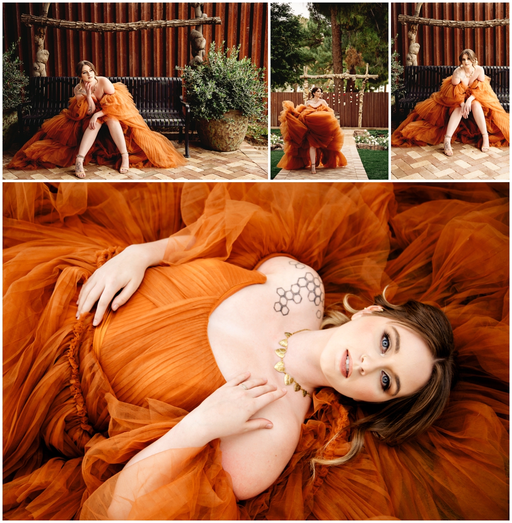 Styled Photoshoot of girl in orange dress at Queen Creek Event Venue 