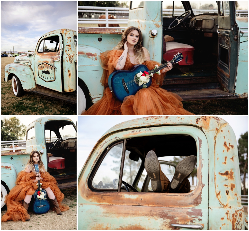 Country photoshoot of girl in orange dress with guitar next to a vintage truck