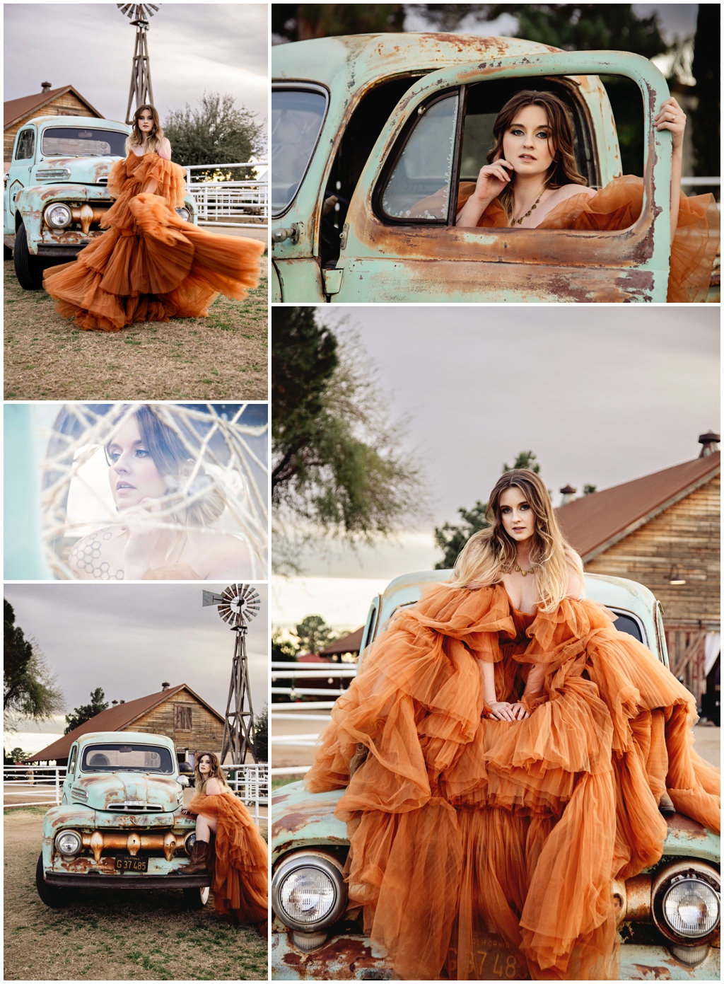 Girl in orange dress with a vintage truck at a wedding venue in queen creek, az