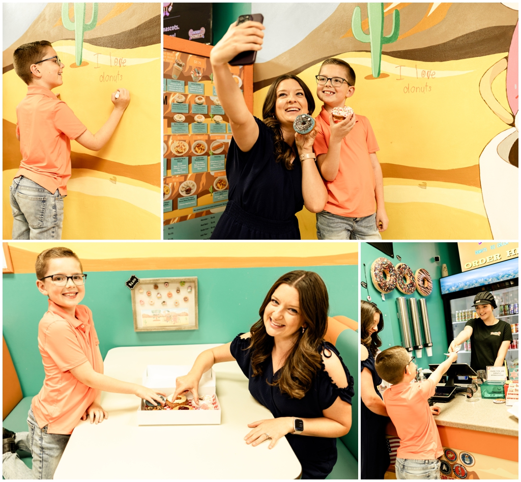 Mother and son enjoying a day at a donut shop in Phoenix Arizona