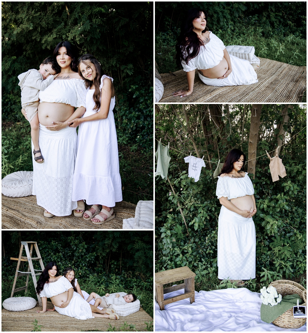 Expecting mom and her children in a green Arizona meadow