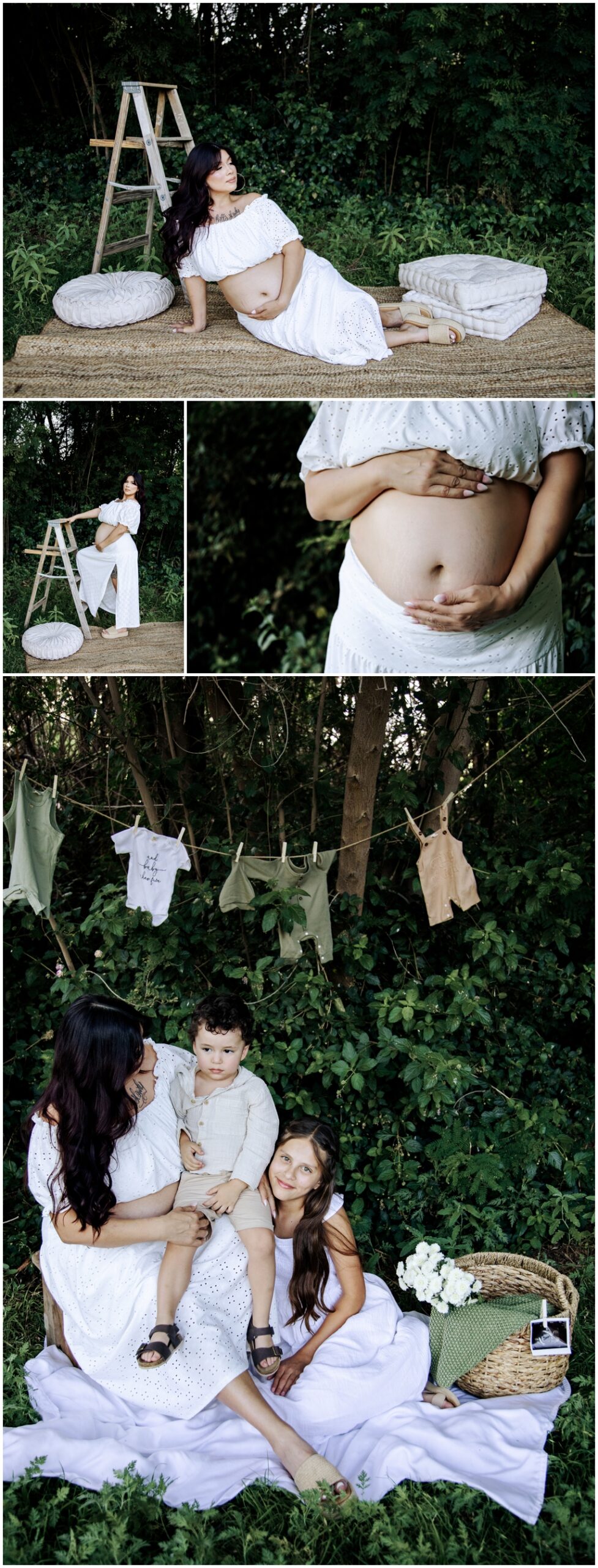 Expecting mom and her children in a green Arizona meadow