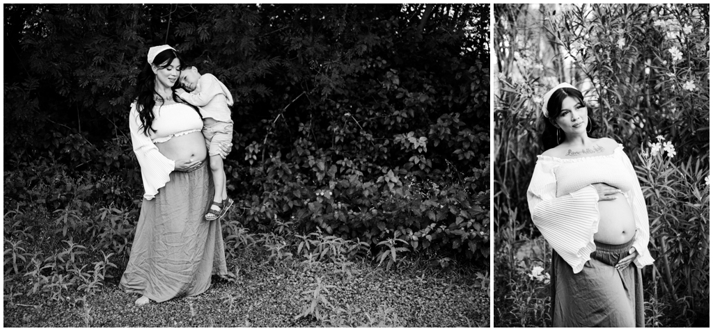 Black and white images of an Expecting mom and her children in a green Arizona meadow