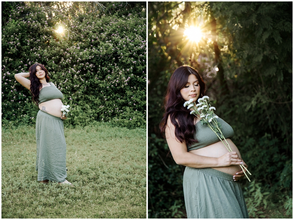 Golden hour maternity portraits in a green Arizona meadow