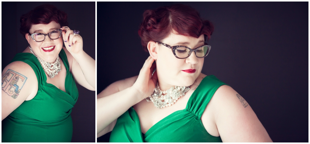 Plus size woman in green dress and glasses glamourous photo