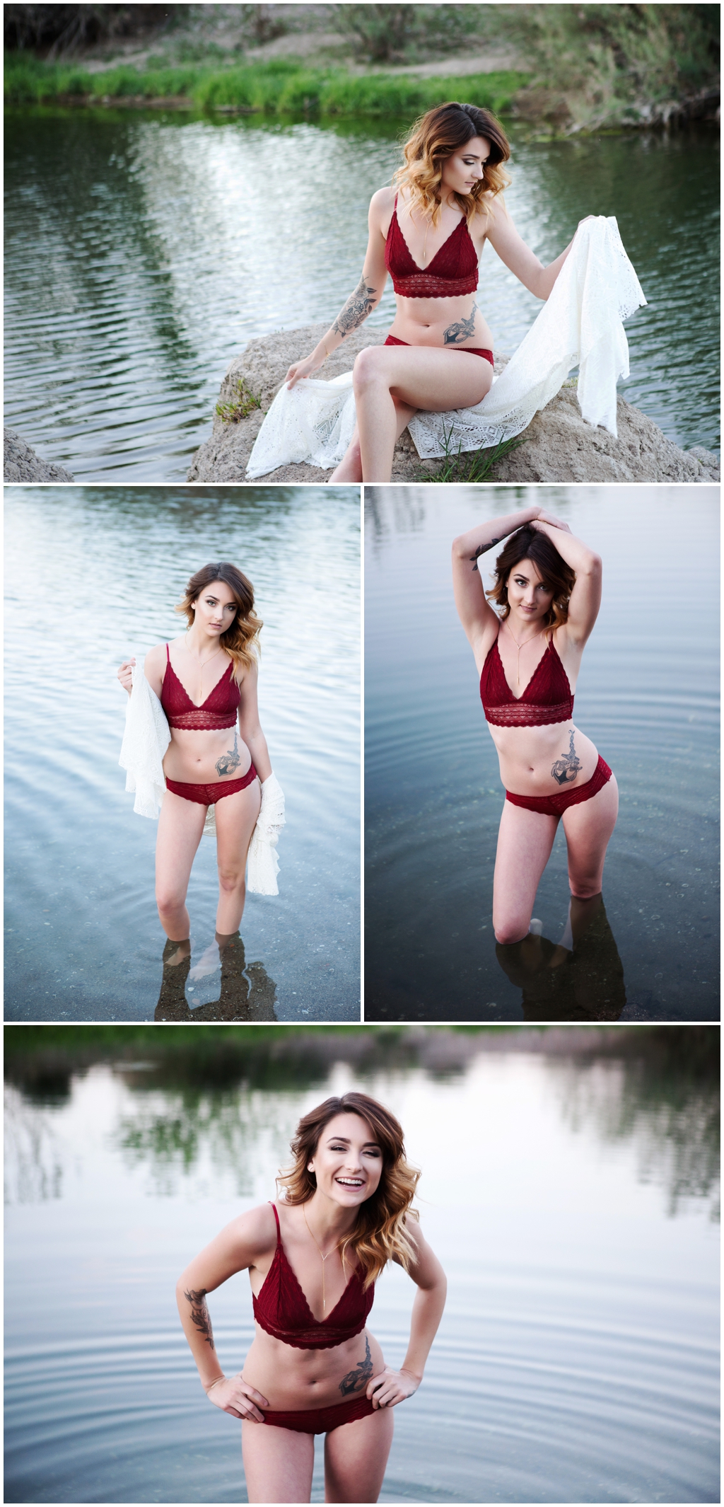 boudoir photoshoot with woman in lingerie in river