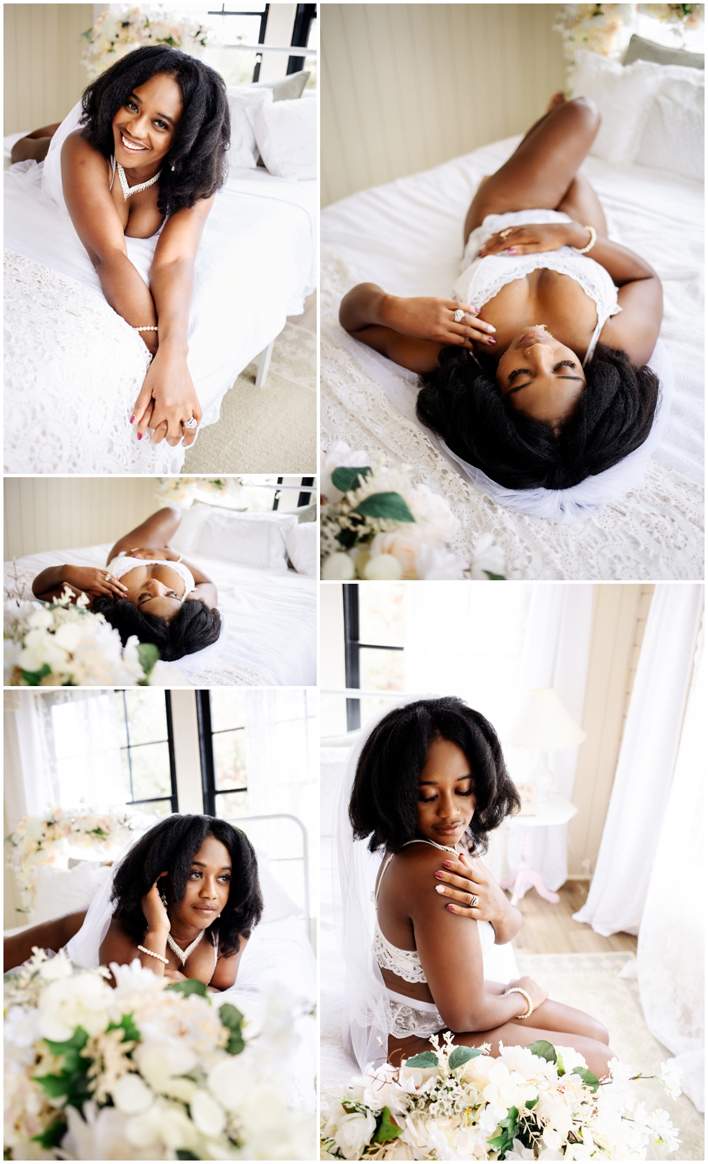 Bride-to-be in white lace lingerie during boudoir session