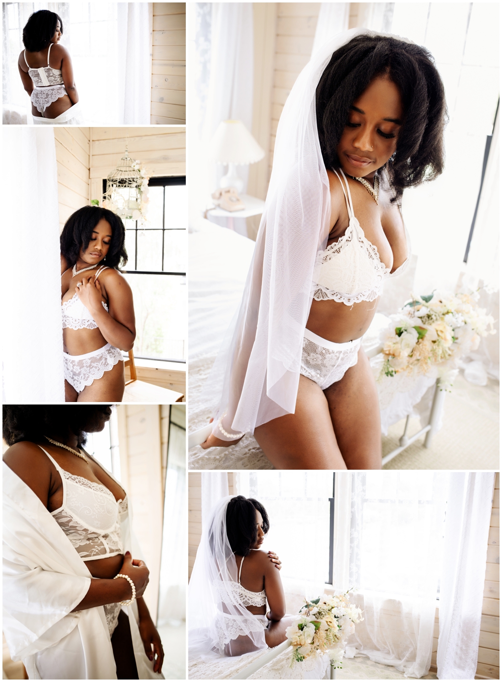 Bridal boudoir photoshoot featuring bride in silk robe and lingerie