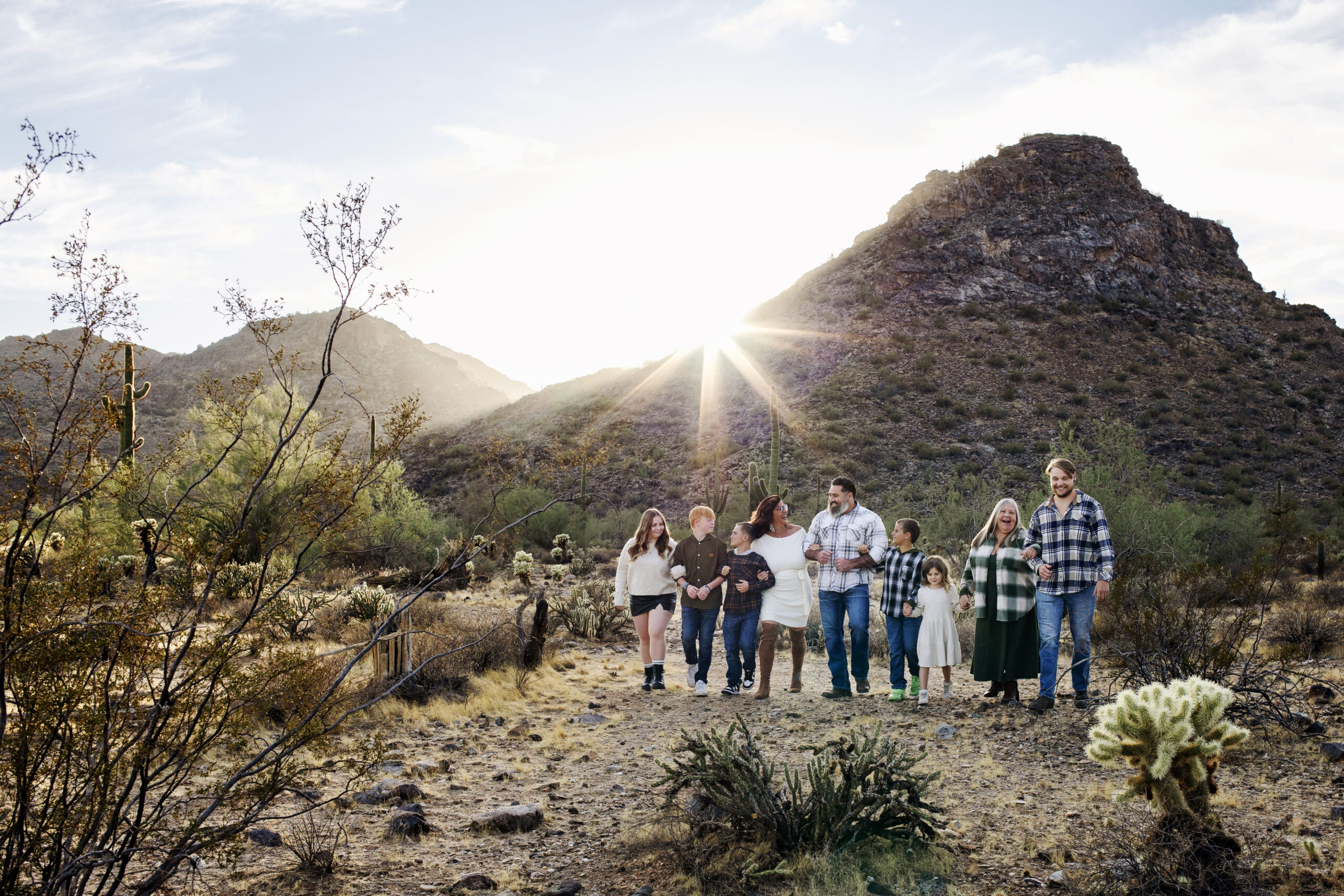 Extended Family Walking During Sunset Family Photoshoot