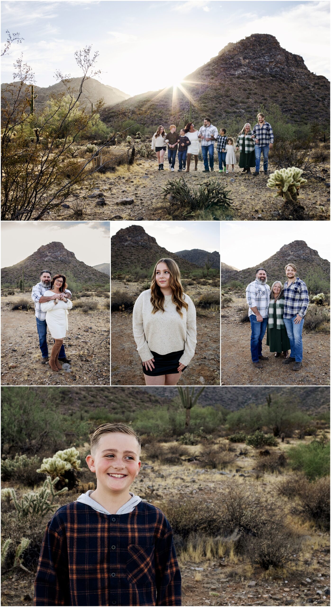 Extended family smiling together during a desert family photo session at sunset.