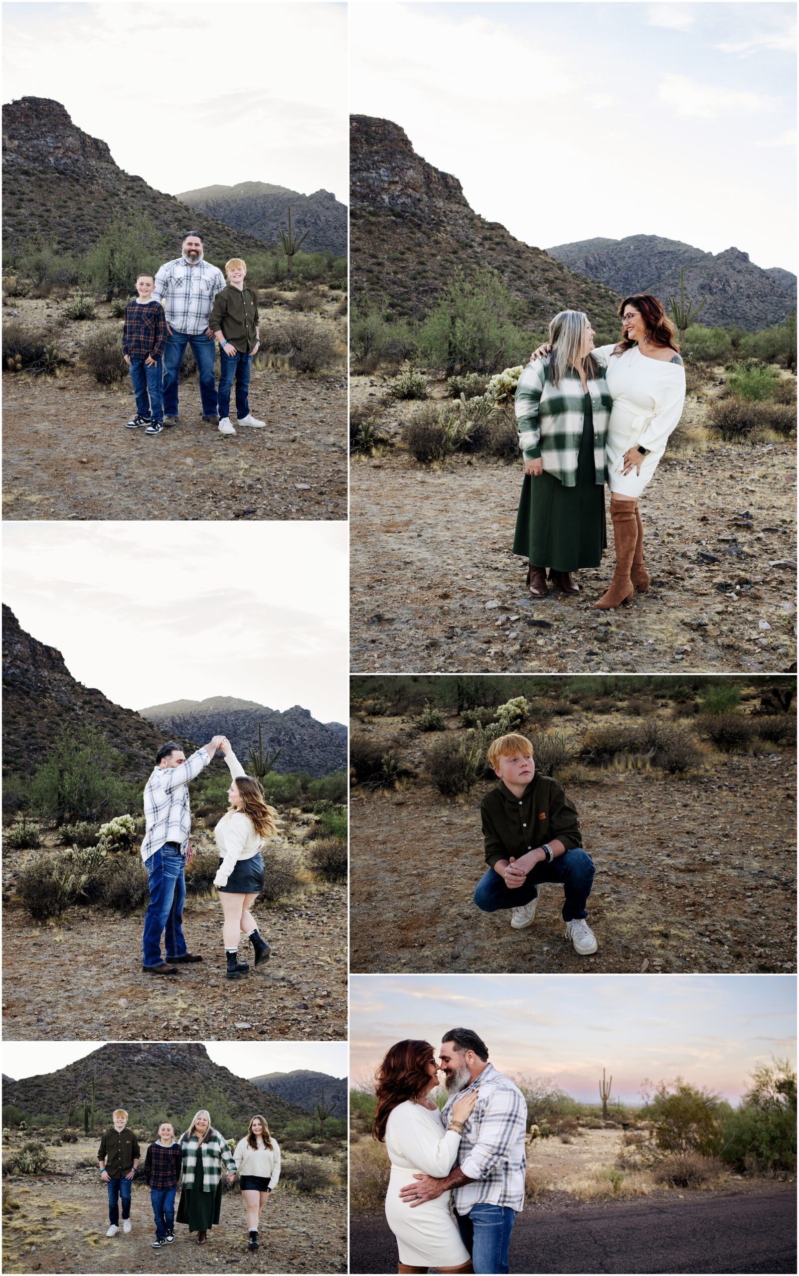 Family laughing and dancing during a natural family photo session in the desert.