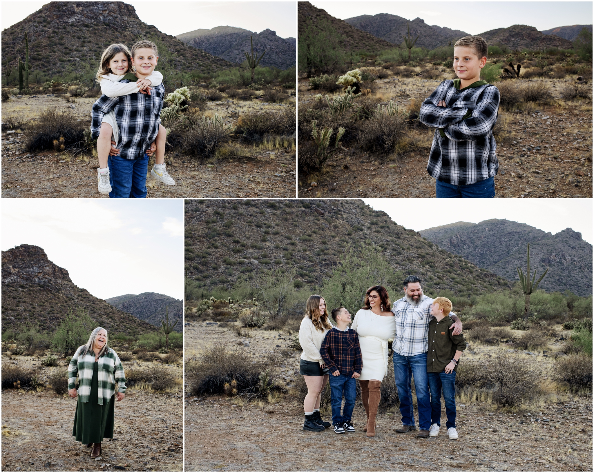 Family walking through the desert during a relaxed family photo session.