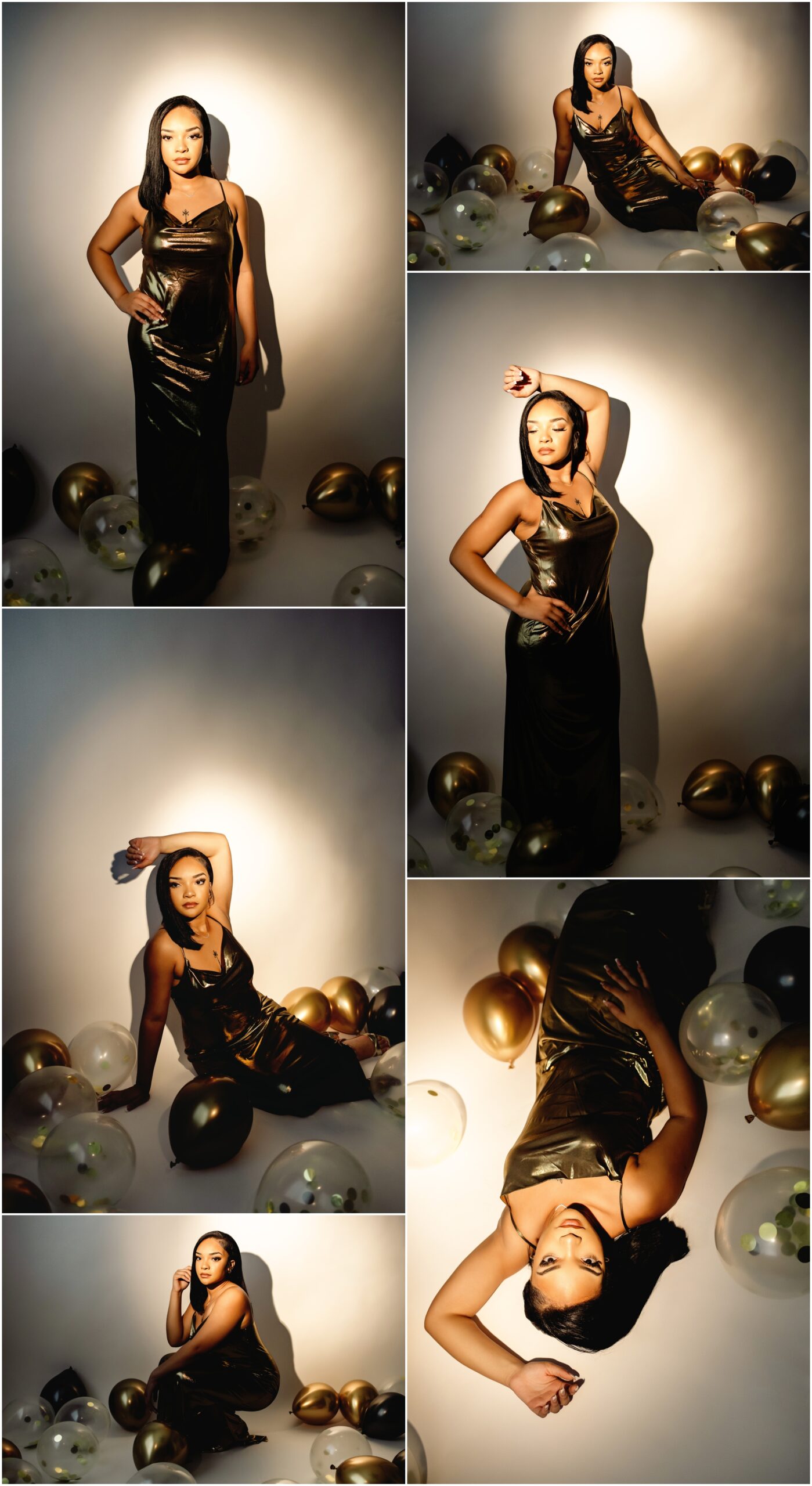 een girl in black dress posing confidently during her 18th birthday spotlight photoshoot with gold and black balloons in Phoenix, Arizona studio.