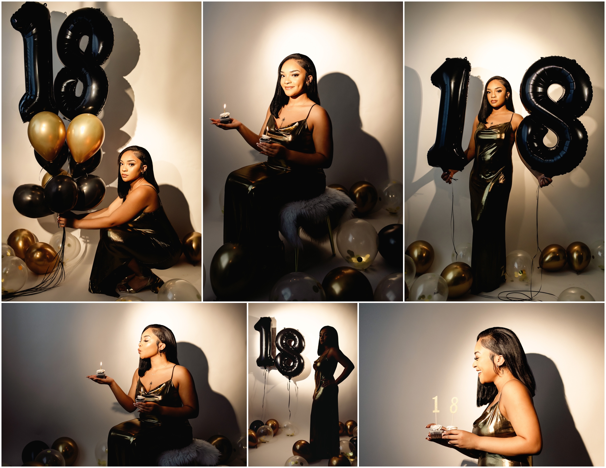 Birthday spotlight session featuring 18th birthday celebration with gold and black balloons, styled in a bold, modern look by Wandering Soul Photography in Phoenix, Arizona