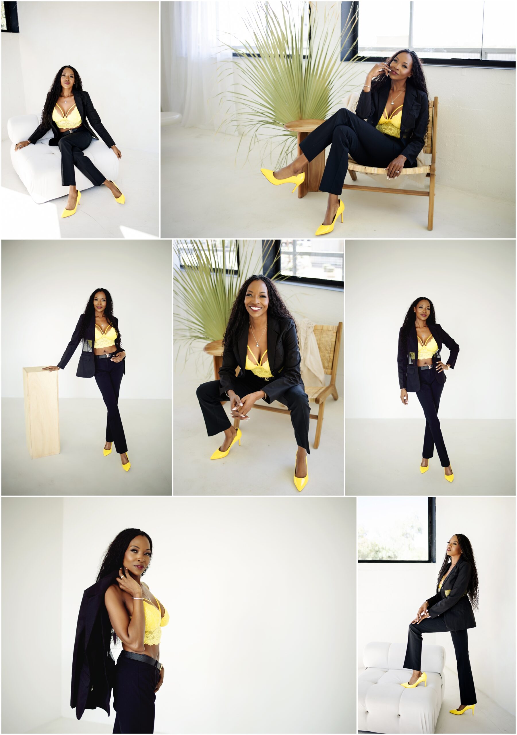 Professional portrait of a confident woman in Phoenix, Arizona, captured by Wandering Soul Photography. neutral suit with a pop of color and natural lighting enhance her empowered expression.