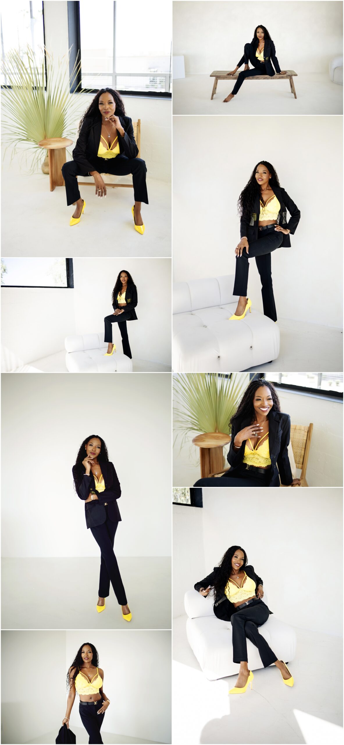 Professional portrait of a confident woman in Phoenix, Arizona, captured by Wandering Soul Photography. neutral suit with a pop of color and natural lighting enhance her empowered expression.
