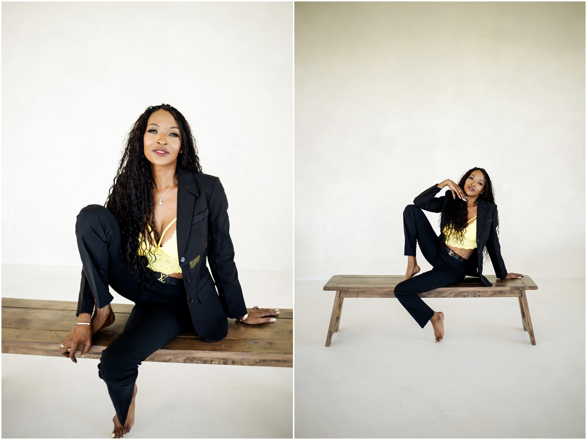 Professional portrait of a confident woman in Phoenix, Arizona, captured by Wandering Soul Photography. neutral suit with a pop of color and natural lighting enhance her empowered expression.