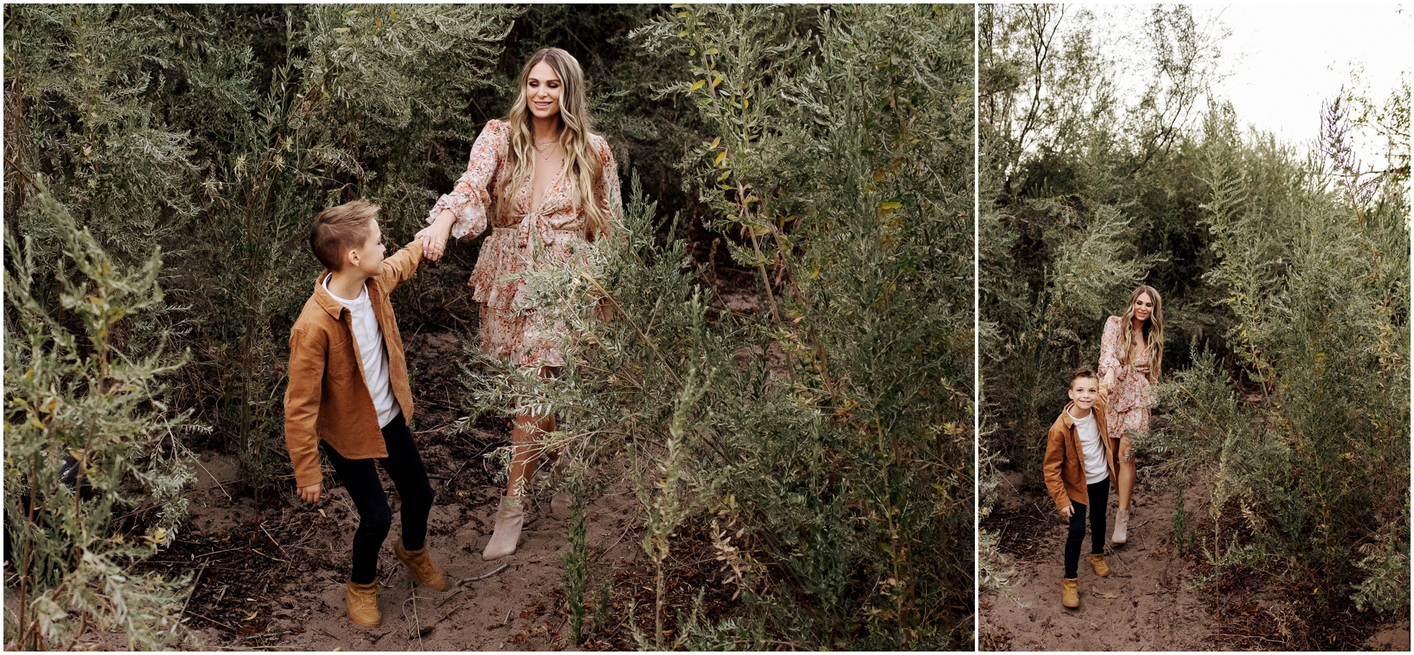 Playful lifestyle family moment of young boy walking with mother during Phoenix photo session