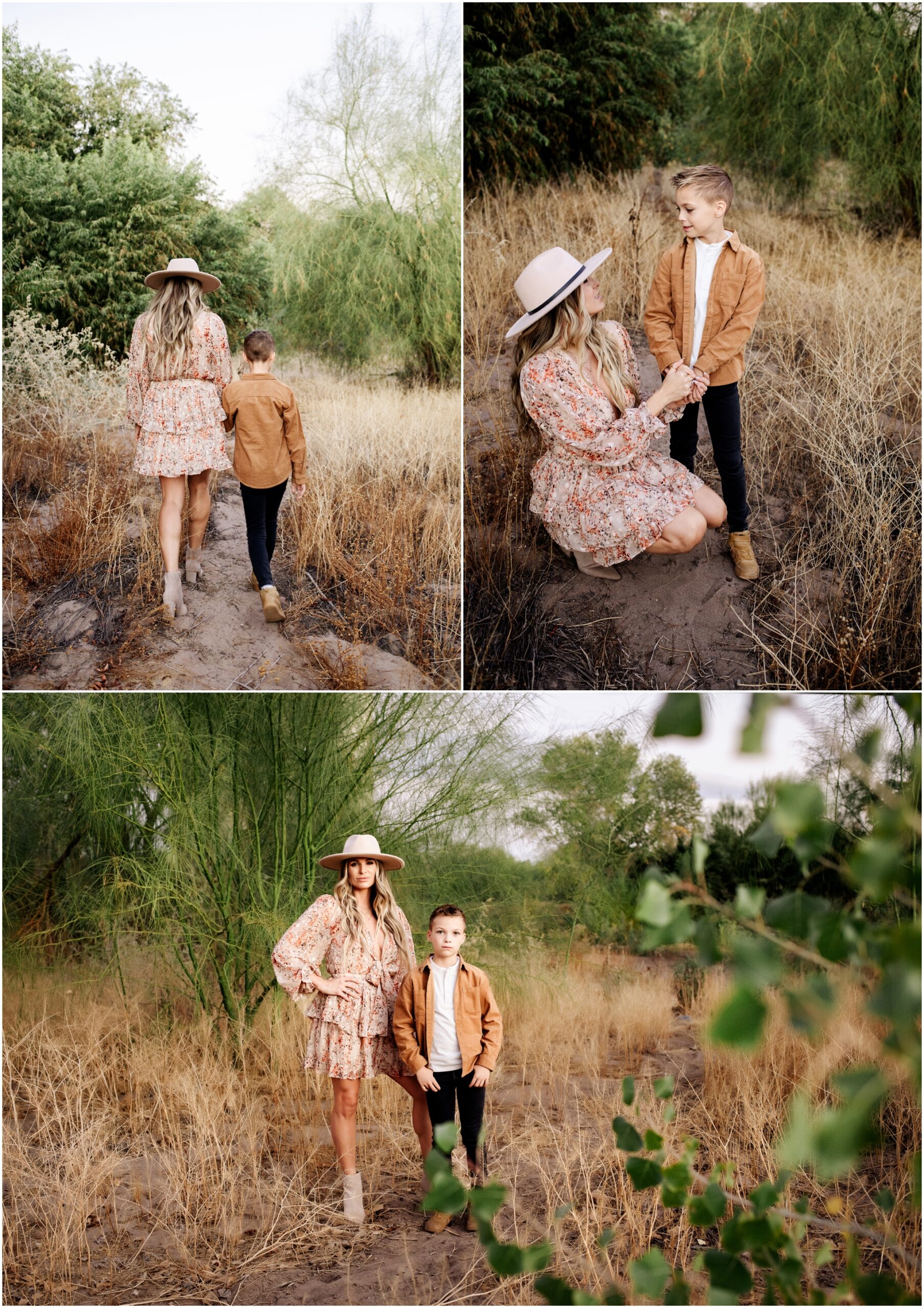 Mother and son walking through desert trail during Phoenix lifestyle family photography session